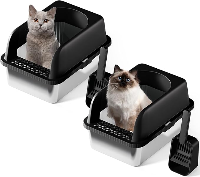 Stainless Steel Cat Litter Box with Lid, 20" L x 14.2" W x11.8 H, Large Cat Litter Box for Multiple Cats with High Sided, No-Leak & Stick, Easy to Clean, Includes Litter Mat & Multi Functional Scoop-Mewly Pet