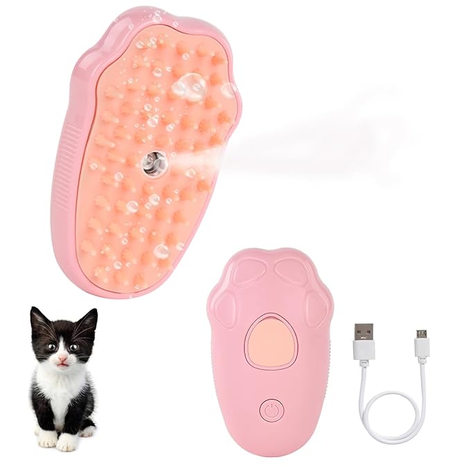 Steam Brush for Cats, Spray Comb Mist Brush, Rechargeable Steam Pet Brush for Dogs and Cats, Self-Cleaning 3-in-1 Cat Hair Brush with Steam for Long and Short Hair for Cats and Dogs (pink)-Mewly Pet
