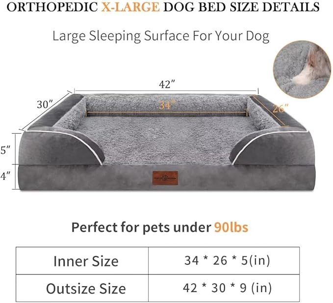 Comfort Expression Orthopedic Waterproof Dog Beds Memory Foam, XL Washable Dog Beds with Removable Cover, Large Pet Sofa Couch with Bolster(X-Large,Silver Grey)-Mewly Pet