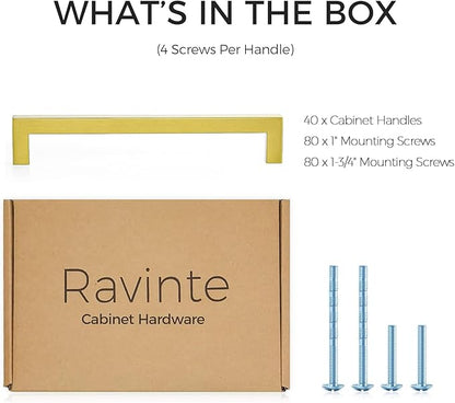 Ravinte 40 Pack 7-1/2 Inch Kitchen Square Cabinet Handles Brushed Brass Pulls Gold Drawer Pulls Kitchen Cabinet Hardware for Cupboard Drawer Handles
