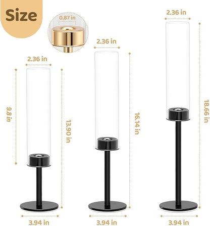Black Hurricane Candle Holders Set of 3, Tall Metal & Windproof Glass Taper Candle Holders, Outdoor/Indoor Table Centerpieces for Weddings, Christmas, Parties, Fireplace Decor
