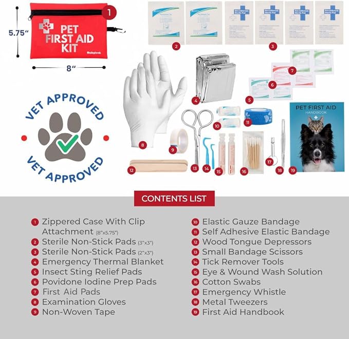 Dog First Aid Kit for Hiking & Travel - Vet Approved Emergency Supplies - Pet First Aid Kit Guide, Tick Remover, Thermal Blanket & More - Compact Dog Hiking Gear for Camping, Hunting, Backpacking-Mewly Pet
