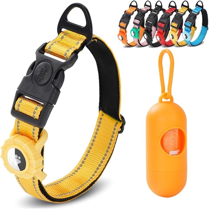 JSXD AirTag Dog Collar, Night Reflective Nylon Dog Collar for Small Medium Large Dogs,Lockable Quick Release Buckle,Padded Breathable Pet Collar with AirTag Holder (Yellow, Small)-Mewly Pet