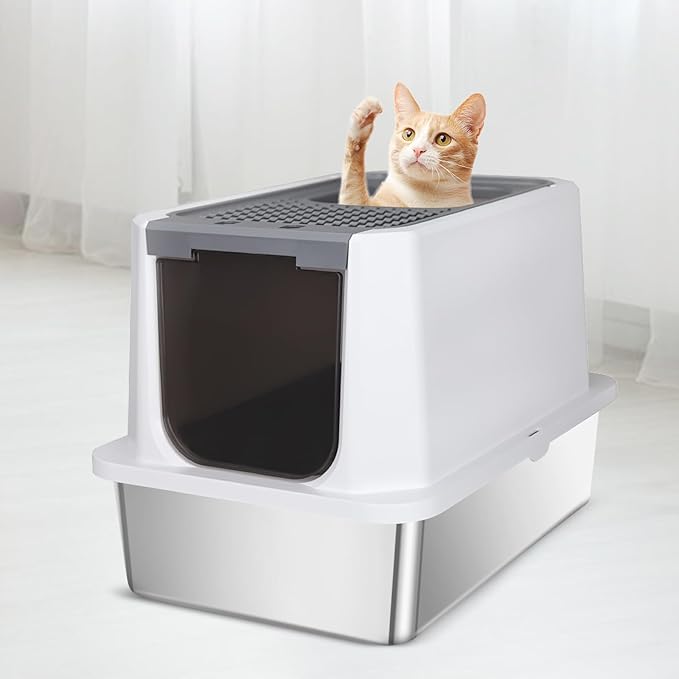 RIZZARI Stainless Steel Cat Litter Box, Odorless Enclosed Litter Box with Top Holes, Large Litter Pan for Small to Large Sized Cats (Dark Gray, 23.8" L*15.9" W*16.1" H)-Mewly Pet