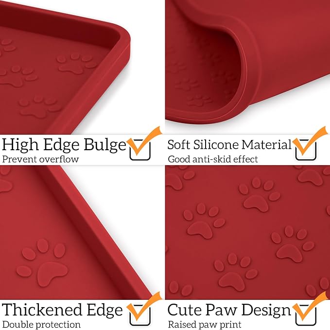 Ptlom Dog Food Mat Anti-Slip Pet Bowl Mats for Food and Water, High-Lips Pet Placemat Prevent Messy Spills to Floor, Waterproof Puppy Feeding Tray for Small, Medium Large Dogs Cats, Silicone-Mewly Pet