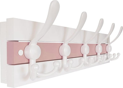 SKOLOO Coastal Wall Mounted Coat Rack - 17" Beach House Entryway Wooden Coat Hook with 5 Hooks for Hanging Coats, Hats or Towels, Oceanfront Cottage Core Collection, White & Palm Beach Pink