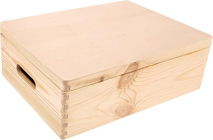 XL Wooden Storage Box with Hinged Lid | 15.8x11.8x5.5in (+-0.5) | Plain Unpainted Gift Box with Handles for Tool Toy Shoes Kitchen Clothes Jewelry | Rough & UNSANDED Wood