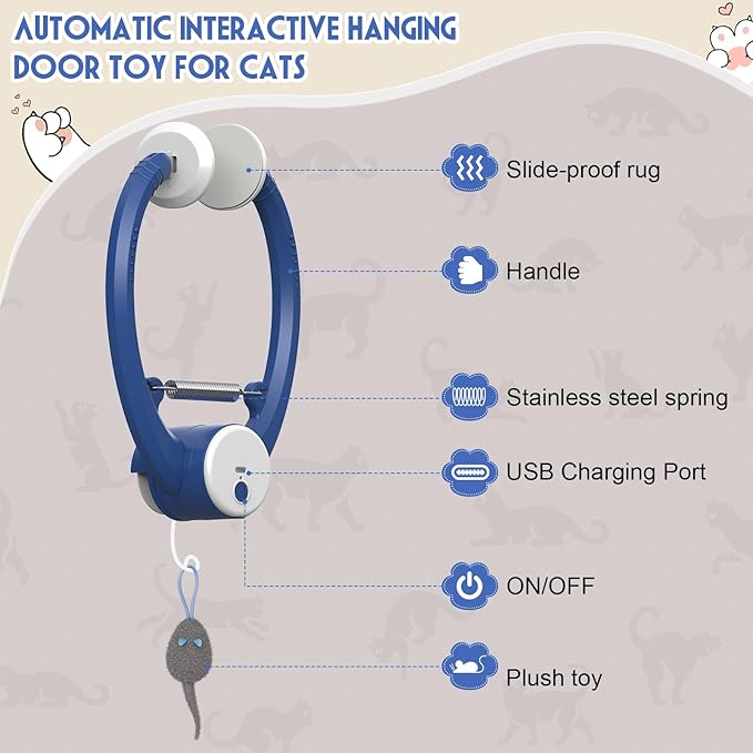 Cat Toy Interactive for Indoor Cats, Smart USB Rechargeable Door Hanging Automatic Retractable Kitten Toys, Teaser Electronic Self Play Feather Cat String Toys Attached with 3 Catnip Mice Blue-Mewly Pet