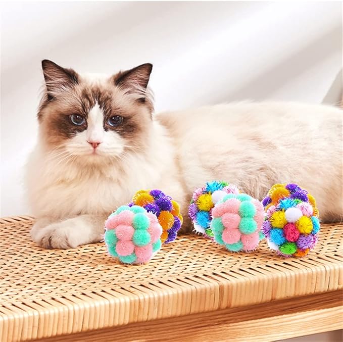 TUSATIY Cat Toys Ball with Bells 3PCS, Color Cat Pom Pom Balls,Tinsel Sparkle Balls,Interactive Toy for Indoor Cats Kitten-Mewly Pet