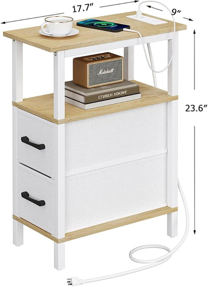 Narrow Side Table for Small Spaces, Skinny End Table with Charging Station, Sofa Beside Table with 2 Fabric Drawers and 1 Open Compartment, Slim Nightstand with USB Ports Outlet, White and Nature Wood