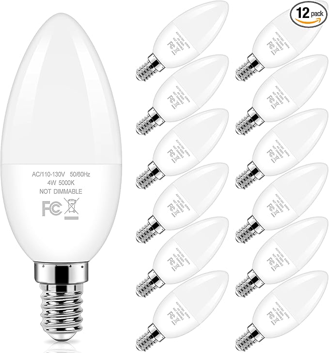 Brightever E12 Candelabra LED Light Bulbs 40W Equivalent, 4W Small Candle Light Bulbs Daylight White 5000K, Type B Ceiling Fan Lightbulbs for Chandelier, Table Lamps, Non-Dimmable, Pack of 12