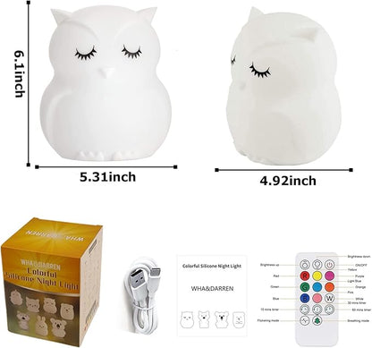 WHA&DARREN Large Owl Night Light for Kids,Cute Baby Night Light, Silicone Bedside Lamp, Sleep Lights, Eye Caring, Adjustable Brightness & Color, Time Setting, Touch+Remote Control