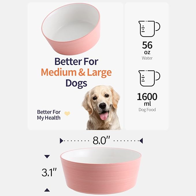 Pink Dog Bowl Ceramic for Medium Large Breed, Heavy Weighted Dog Food Water Dish, 8 in Non - Slip Modern Cute Extra Big Porcelain Pet Bowl Maze Wide Mouth-Mewly Pet