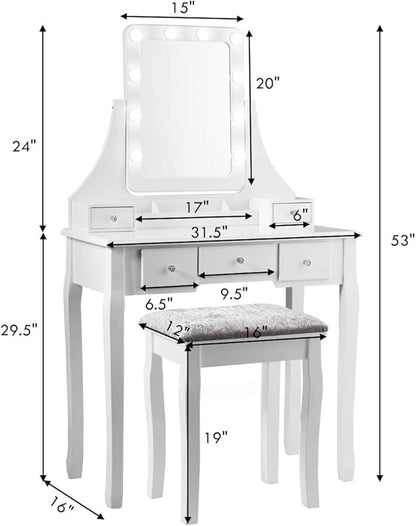 CHARMAID LED Vanity Desk with Lighted Mirror, 10 Dimming Bulbs, 5 Drawers, 3 Storage Organizers, Makeup Vanity Desk with Stool, Bedroom Dressing Table, Gift for Girls Women (White)