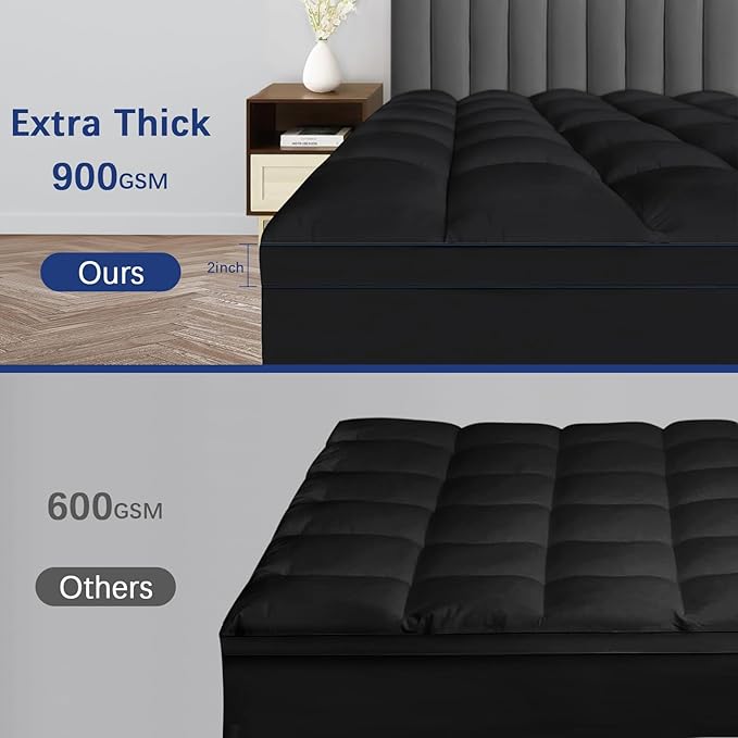 Mattress Topper Twin XL College Dorm, Bed Topper Twin XL Cooling Mattress Pad Cover for College, Black Pillow Top Mattress Topper with Deep Pockets, Breathable Fluffy Fill Mattress Protector