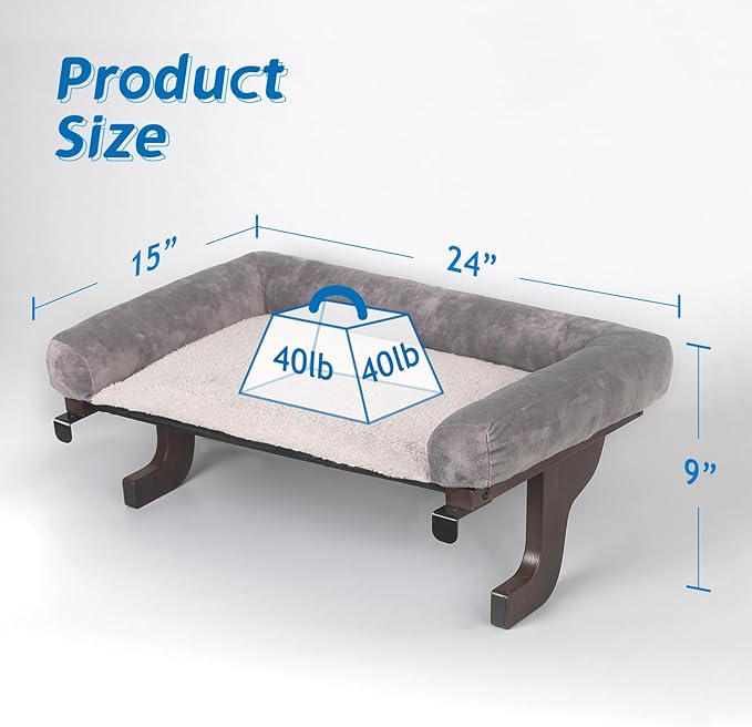 Cat Perch for Window Sill with Bolster - Orthopedic Hammock Design with Premium Hardwood & Robust Metal Frame - Cat Window Seat for Large Cats and Kittens - Dark Stained Wood with Gray Bed-Mewly Pet