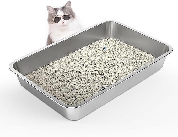 Stainless Steel Cat Litter Box, 4in Shallow Litter Box for Senior Cats and Kittens, Extra Large Metal Litter Pan Nonstick Odor Control Anti-Corrosion-Mewly Pet