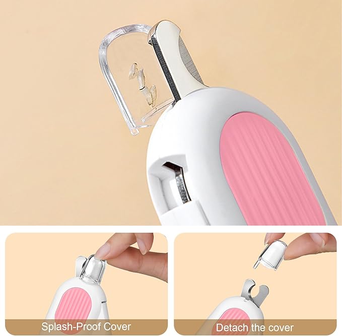 Odoland Cat Nail Clipper with LED Light and Nail File, Dog Claw Trimmer with Bright Light to Avoid Excessive Cutting - Pet Grooming Tool for Tiny Dog Cat Kitten Bunny Rabbit Pink-Mewly Pet