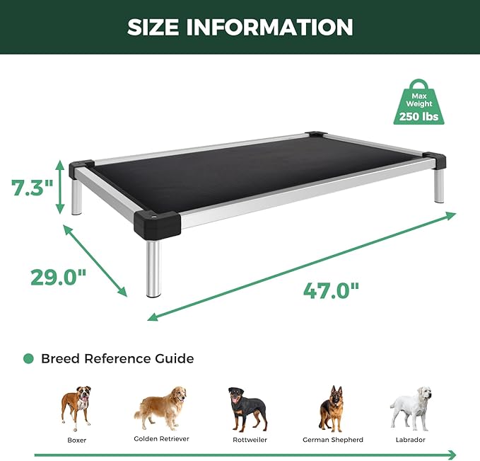FXW TitanNest Chew-Proof Elevated Dog Bed, Raised Cot for Indoor/Outdoor/Camping Use, Durable & Washable Padded Pet Bed for Large Dogs, 47.0" L x 29.0" W x 7.3" H, Black-Mewly Pet
