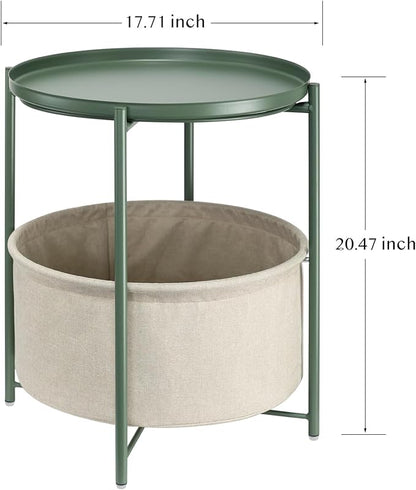 danpinera Round Side Table with Fabric Storage Basket, Metal Side Table Small Bedside Nightstand with Removable Tray for Living Room, Bedroom, Nursery, Dark Green
