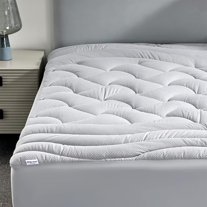 SLEEP ZONE Full Size Cooling Mattress Pad for Double Bed, Premium Zoned Quilted Mattress Topper, Wrap Around Mattress Protector Cover, Machine Wash Durable, Deep Pocket 8-21 inch, Silver Grey, Full