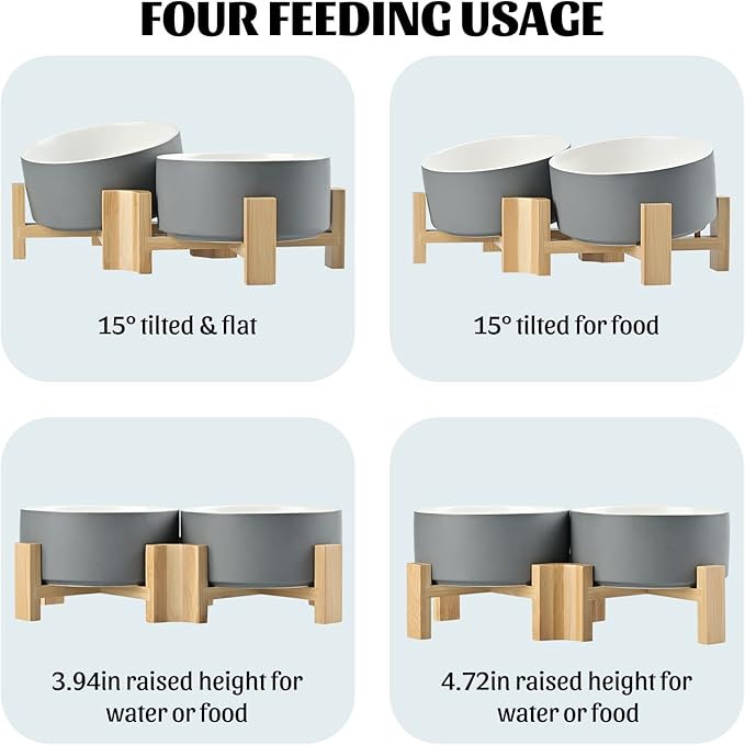 SPUNKYJUNKY 15° Slanted Ceramic Dog and Cat Bowl with Wooden Stand, Tilted Bulldog Food and Water Bowl No Slip Non-Spill for Cats Medium Dogs Big Face Pets 28.7 OZ (3.6 Cups, White-Grey × 2)-Mewly Pet