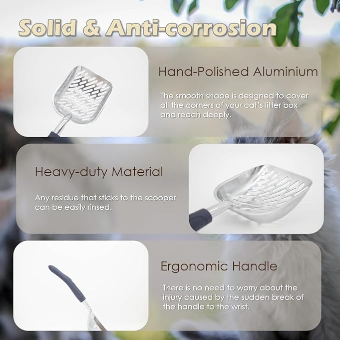 Heavy-Duty Metal Cat Litter Scoop with Holder, Aluminum Cats Litter Scooper Captures All Clumps, Kitty Metal Scooper and Holder (White)-Mewly Pet