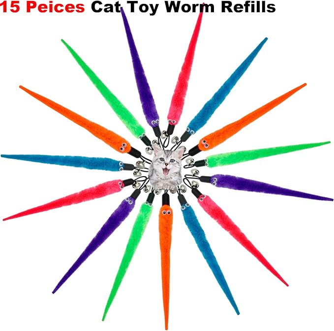 Cat Worm Toy Refills, 15 Pieces Cat Wand Attachments Worms Toy for Indoor Cats-Mewly Pet
