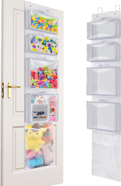 Hanging Toy Storage over Door, Block Stuffed Animal Organizer Idea with 4 Removable Case Bag, Bi-Fold Closet Holder with Mesh Pocket for Kid Boy Girl
