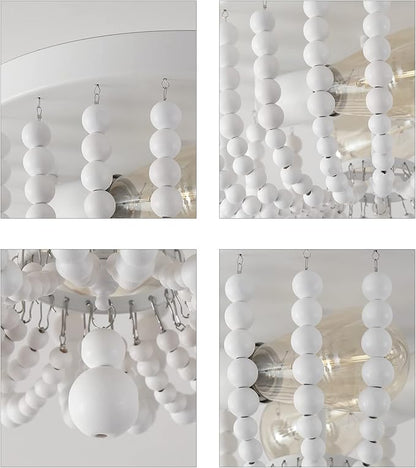 Q&S White Flush Mount Ceiling Light Fixtures,2-Lights Wood Beaded Boho Chandeliers for Nursery Baby Bedroom Dining Room Living Room Kitchen Hallway W11.81