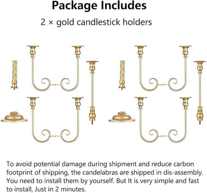 Metal Candelabra Gold Candle Stand 20in Tall, 5-Candle Candlestick Holder for Taper Candles, Candle Holder for Wedding Centerpiece Christmas Valentine Holiday Party Event Reception Decor, 2Pcs