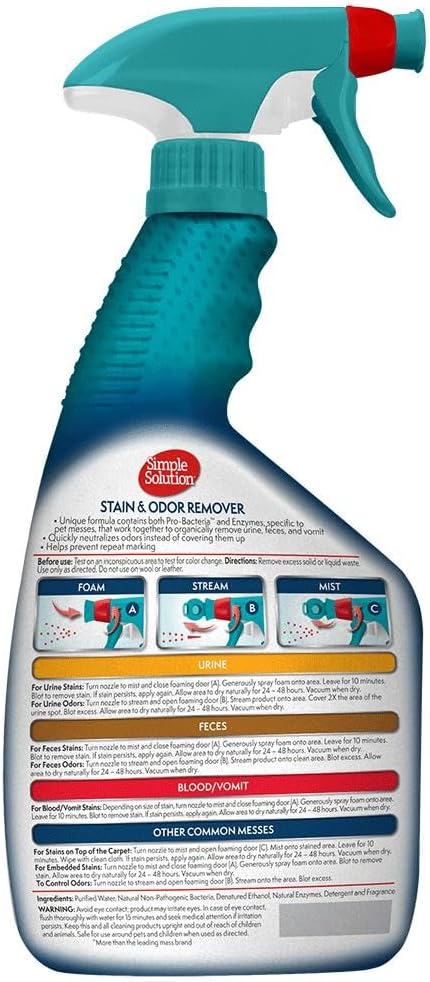 Simple Solution Stain and Odor Eliminator Spray for Dogs & Cats, Enzyme Cleaner With 2X Pro-Bacteria Cleaning Power, Strong Smell Remover for Carpets, Upholstery & Floors, Floral Fresh Scent, 32 oz-Mewly Pet