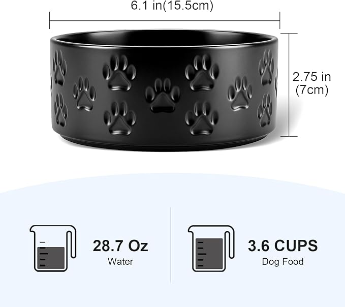 SPUNKYJUNKY Ceramic Dog and Cat Bowls 2 Pack, 6.1'' Dog and Cat Food Water Double Feeding Bowls Non-Slip for Large Sized Breed Microwave Dishwasher Safe - 28.7 OZ, 2pcs, Paw Black-Mewly Pet