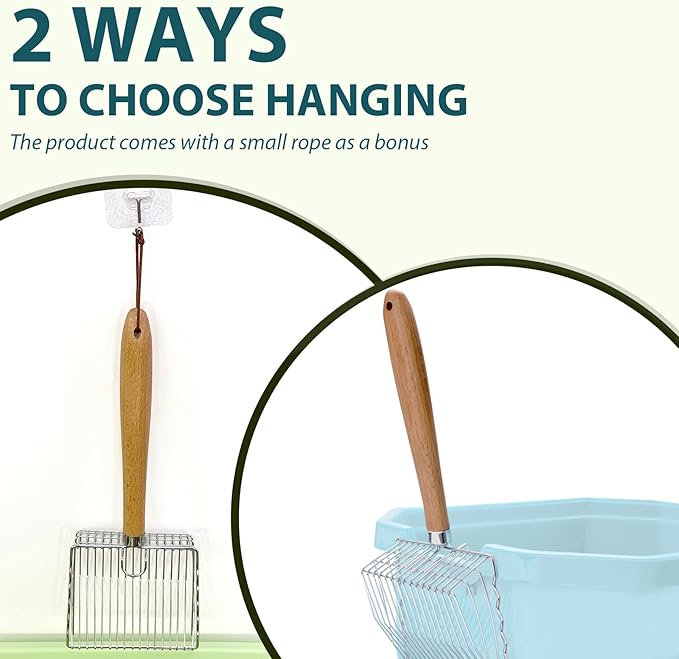 Cat Litter Scoop, Kitty Metal Scooper with Hook and Long Hole, Stainless Steel Kitten Poop Lifter for Litter Box, Non Stick, Durable and Heavy Duty Sifter for Easy Clean-Mewly Pet