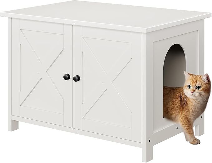 Vongrasig Cat Litter Box Enclosure,Litter Box Furniture Hidden with Barn Door,Wooden Cat Washroom Furniture,Cat House,End Table, Fit Most of Litter Box, White-Mewly Pet