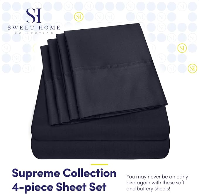 Twin Size Bed Sheets - 4 Piece 1500 Supreme Deluxe Collection Deep Pocket Ultra Soft Twin Sheet Set Bedding - 1 EXTRA PILLOW CASES, GREAT VALUE, Twin, Navy