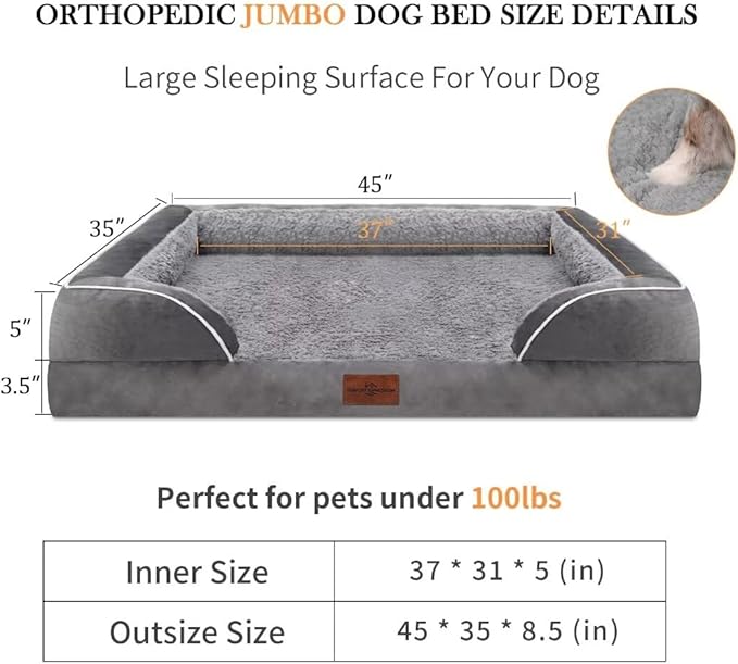 Comfort Expression Memory Foam Dog Beds, Orthopedic Dog Beds for Extra Large Dogs, Waterproof Dogs Beds Jumbo Breed, with Bolster & Removable Cover(Jumbo,Silver Grey)-Mewly Pet