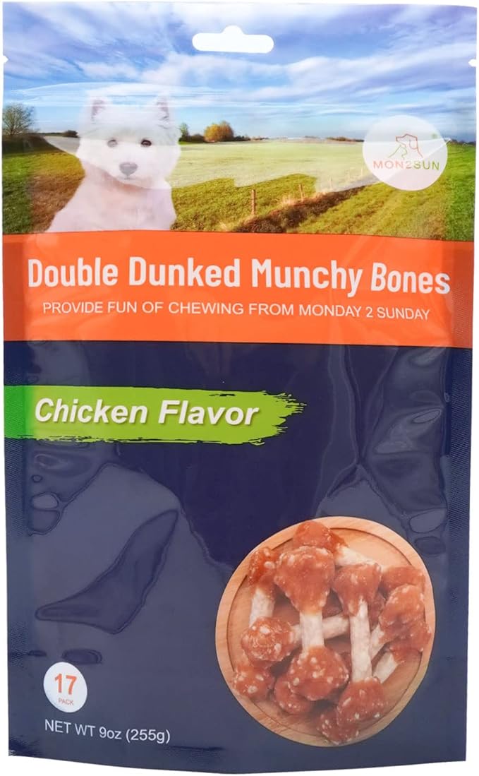 MON2SUN Dog Treats, 9oz Mini Rawhide Chews, Chicken Dumbbells with Rice for Small Dogs & Toy Breed, Crunchy and Healthy (2.5 Inch 17 Count)-Mewly Pet