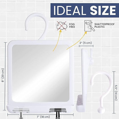 MIRRORVANA Dual Anti Fog Shower Mirror for Shaving, Shatterproof Fogless Design with Hook for Hanging - Fill Back Chamber/Reservoir with Hot Water for Fog-Free Shave - 8" x 7" (White)