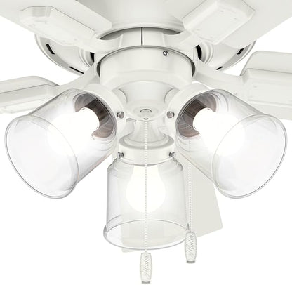 Hunter Fan Company 52152, 42 inch Crestfield Fresh White Low Profile Flush Mount Ceiling Fan with Lights LED and Pull Chain