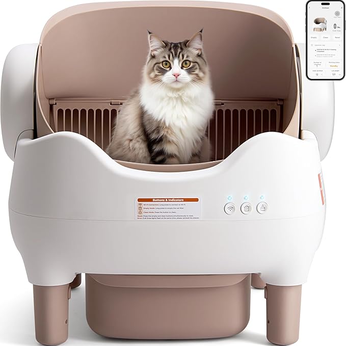 Self Cleaning Litter Box, Automatic Cat Litter Box with APP Control, Odor-Free Waste Disposal Includes Trash Bags, Large Waste Bin, Open-Top, for Multiple Cats-Mewly Pet