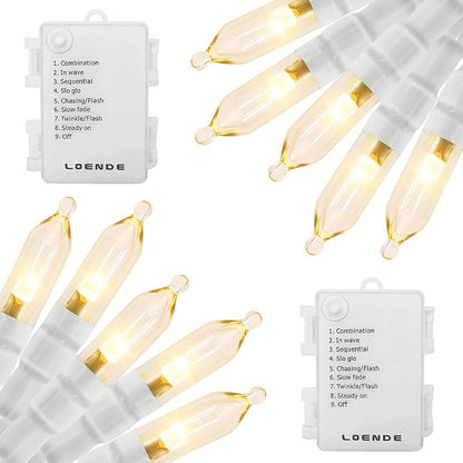 Outdoor String Lights with Timer - Battery Operated 18ft 50 LED White Wire for Indoor/Outdoor Wedding Party Garden Home, Waterproof, Warm White, 2 Pack