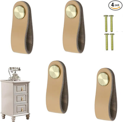 Leather Drawer Pulls and Knobs Soft Cabinet Handles Modern Cabinets Door Knob for Furniture Cupboards Wardrobe Dresser Decorative Handle with Screw 4 Pcs (Yellow)