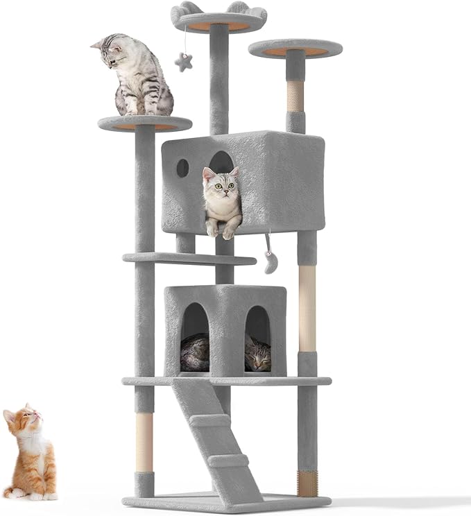 77'' Cat tree Tower for Indoor Cats Large Adult,Cute/Tall Modern Cat Tree for Big Cats 20 lbs,Plush Multi-Level Cat Condo with Scratching Posts,Dangling Ball for fun play(Light Gray, 77 inch)-Mewly Pet