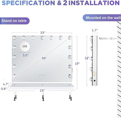 M MIVONDA Vanity Makeup Mirror with Lights: Hollywood Mirror with 15LED Bulbs - Large 23”x19” Desk Mirror for Wall, Dimmable 3 Lighting Modes, Plug-in and USB Charger Port, White