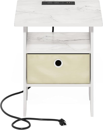 Furinno Andrey USB and Type-C Port Charging Station End Table with Storage Bin, 15.55 (W) x 12.56 (H) x 8.5 (D) inches, Marble White/Ivory