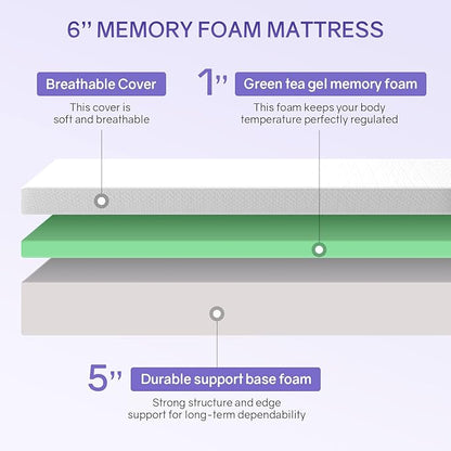PayLessHere 6 Inch Green Tea Cooling Gel Memory Foam Mattress King, Medium-Firm,Pressure Relief&Temperature Regulation,CertiPUR-US Certified,White