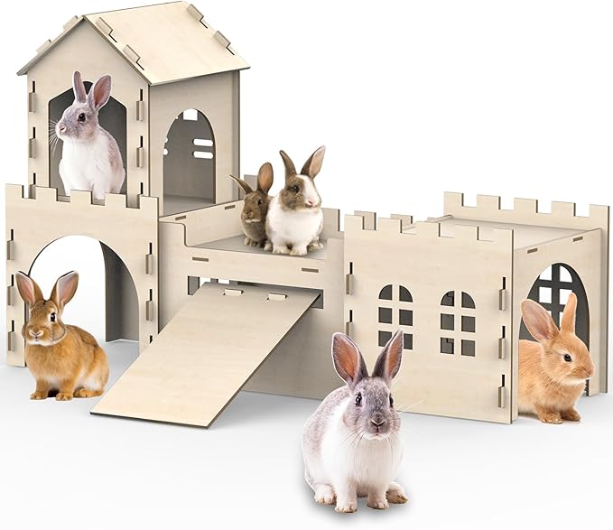 Large Bunny House and Hideouts, Wooden Dual-Layer Rabbit Castle with Stair, Rubber Band-Free Setup - Chew-Proof, Sturdy Habitat for Guinea Pig Chinchilla Ferret (Rabbit House)-Mewly Pet