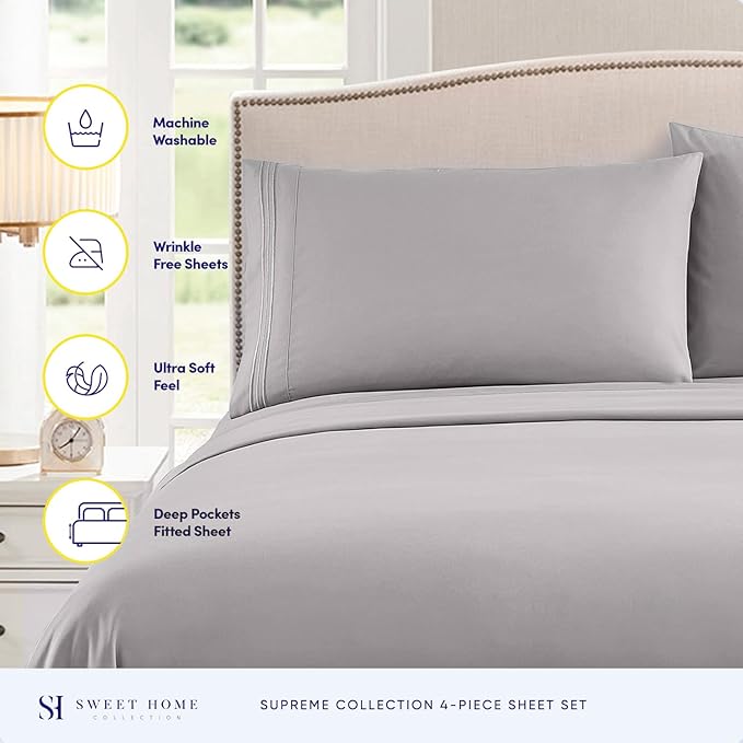 California King Sheet Sets - Breathable Luxury Sheets with Full Elastic & Secure Corner Straps Built In - 1800 Supreme Collection Cal King Deep Pocket Bedding Set, Sheet Set, California King, Silver