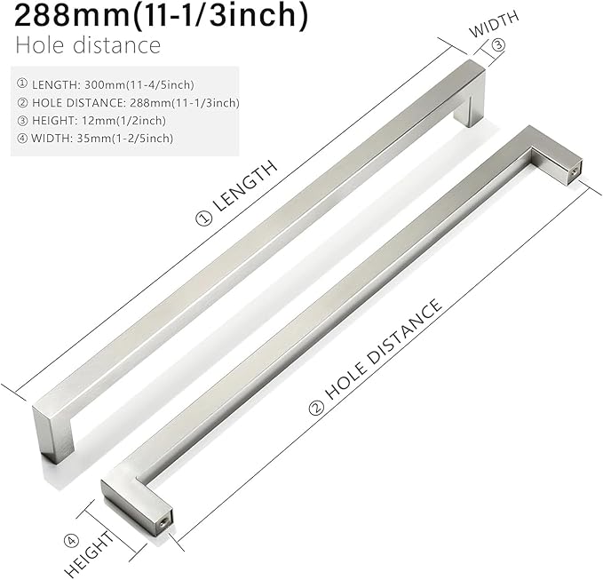 Cabinet Pulls Brushed Nickel Cabinet Handles Square Drawer Pulls, 40 Pack 11-1/3 Inch Stainless Steel Kitchen Door Cupboard Handles, Cabinet Hardware Drawer Handles, 288mm Hole Centers